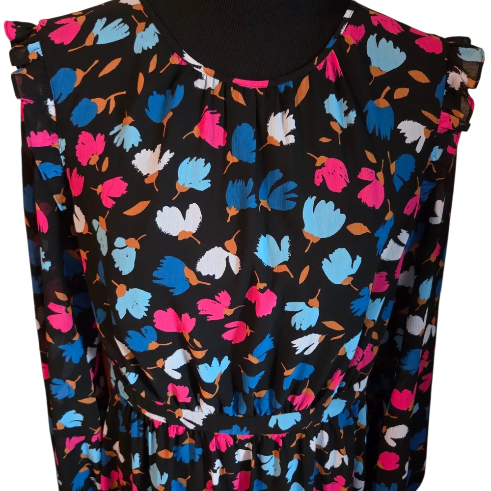 J. Crew Blue Floral A-Line Dress with Ruffle Sleeves Size 12 - Picture 3 of 9